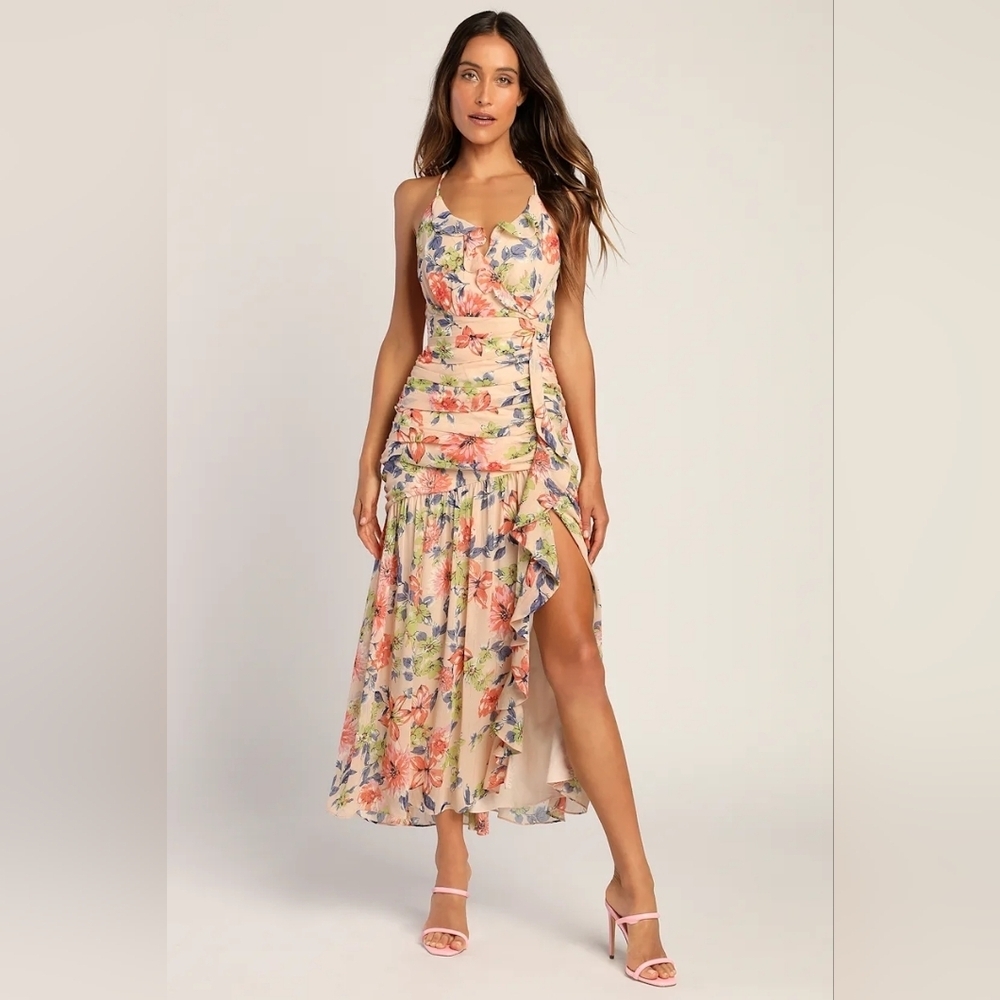 Lulus Stunning Soiree Blush Pink Floral Print Ruched Midi Dress XL Wedding Party - Picture 2 of 12